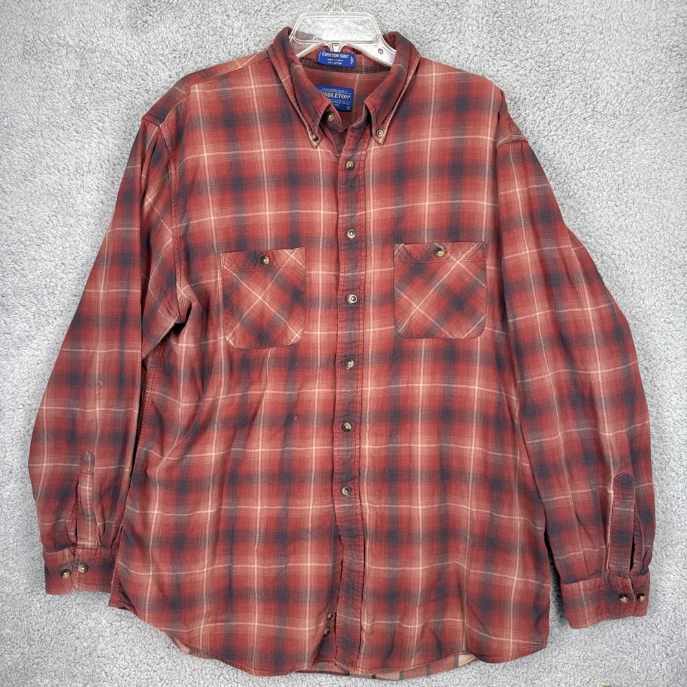 Pendleton Expedition Shirt Mens XL Blue Rust Plaid Cotton Long Sleeve Button Up